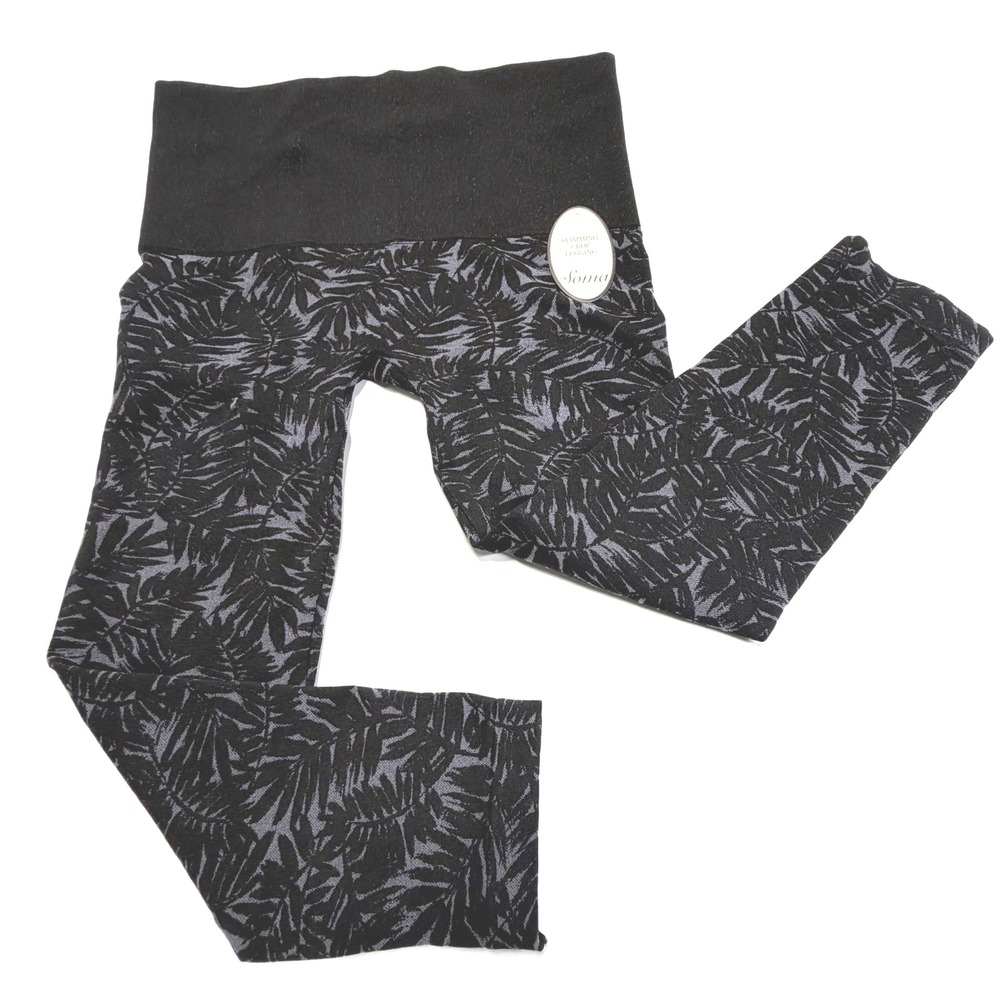 Soma Slimming Crop Leggings Womens Large Black Palm Print‎ Compression NWT